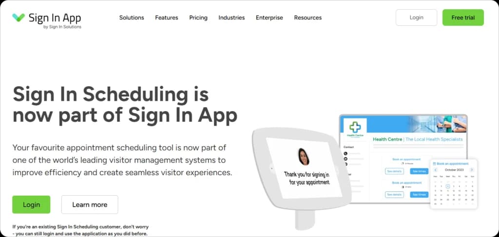 Visitor management and scheduling software announcement showing Sign In Scheduling joining Sign In App.