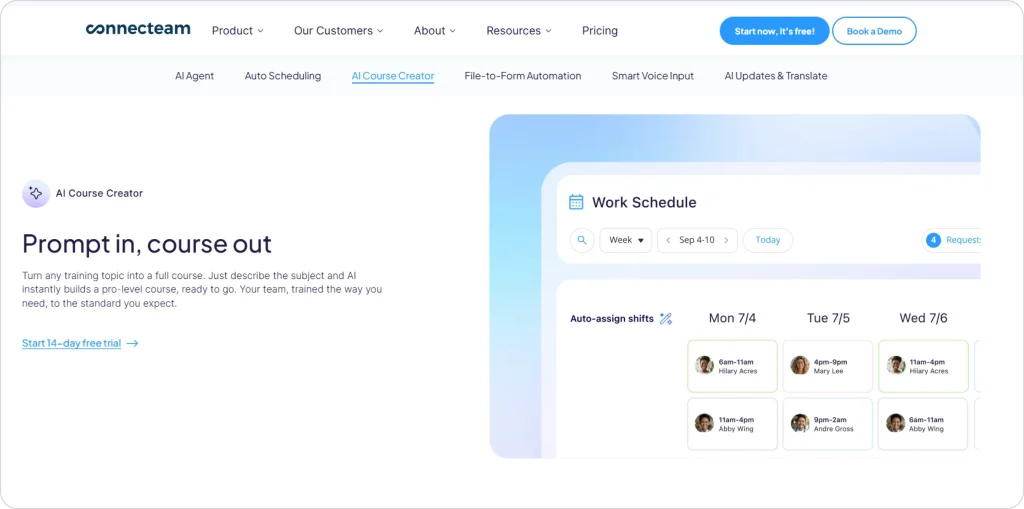 This screenshot highlights Connecteam’s AI Course Creator alongside its work schedule dashboard. It shows auto-assign shift tools, weekly employee schedules, and training automation capabilities designed to support workforce management and team operations.