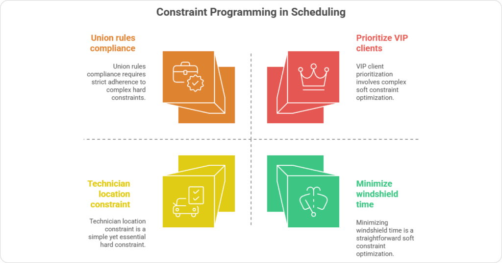"Infographic showing four constraint types in scheduling: union rules compliance, VIP client prioritization, technician location constraints, and minimizing windshield time."