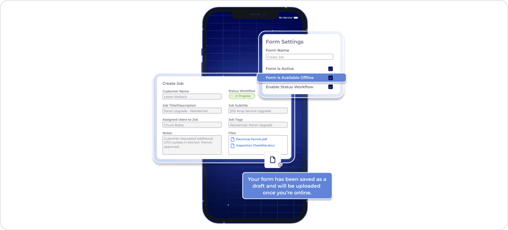 FieldPulse mobile app showing customizable job form creation, offline mode enabled, file uploads, and draft job saving for field technicians.