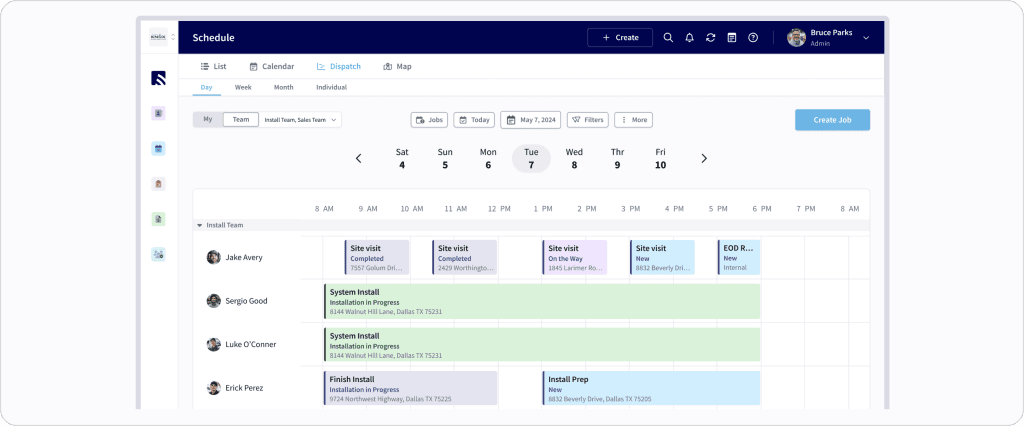FieldPulse AI dispatch dashboard showing team calendar view, automatic job assignment, smart routing, and skill-based technician scheduling.