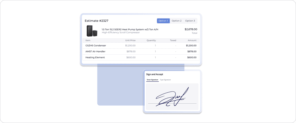 FieldPulse estimating screen showing multi-option proposal, itemized pricing, equipment details, and digital signature acceptance.