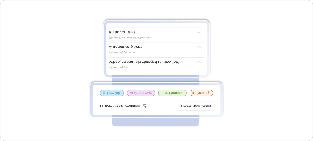FieldPulse workflow automation panel showing custom job statuses, pipeline stages, pending tasks, and progress tracking.