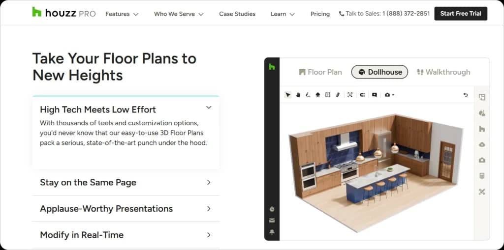 This screenshot highlights Houzz Pro’s floor plan features, including the 3D Dollhouse view, real-time editing tools, and a customizable kitchen layout. The design interface allows users to build, modify, and present professional-grade floor plans for interior design and remodeling projects.