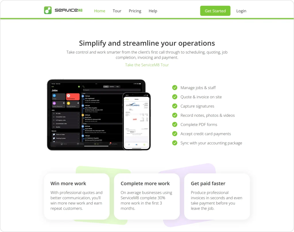 ServiceM8 dashboard and mobile app showing job scheduling, on-site quoting, invoicing, and task management features.