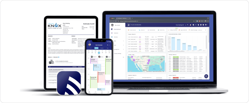 FieldPulse software overview displayed across desktop, tablet, and mobile devices showing scheduling, CRM, invoicing, and analytics dashboard.