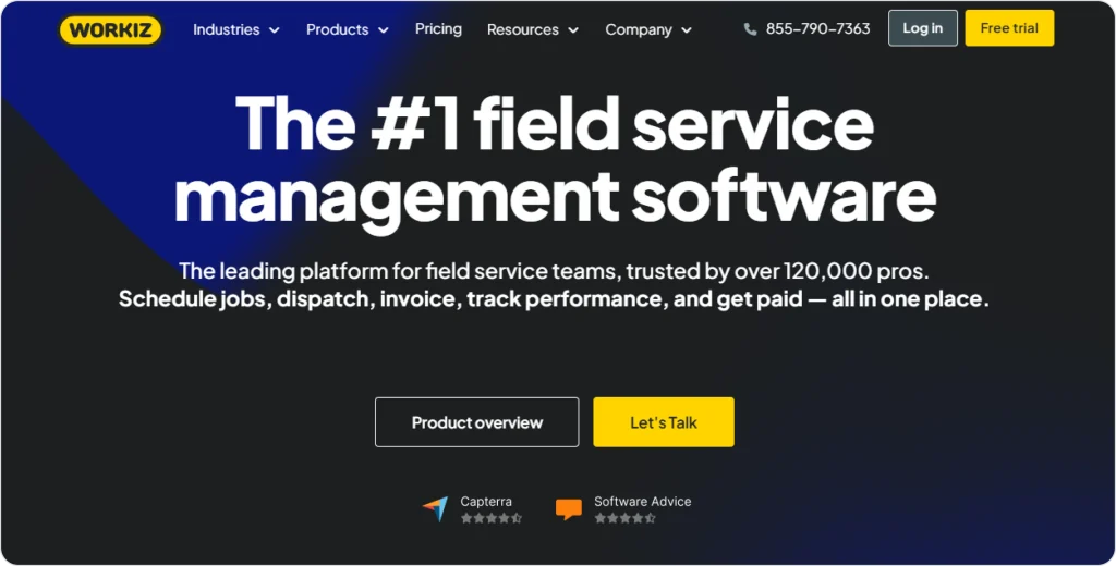 Workiz homepage highlighting its field service management software with scheduling, dispatching, and invoicing features.
