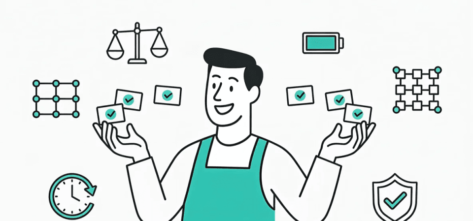 Vector image of FieldCamp AI dispatching figuring out jobs based on workload and fairness among technicians