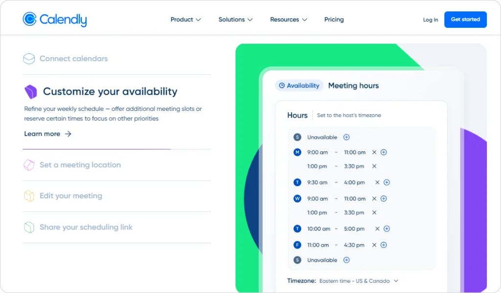 Calendly homepage showing availability customization and meeting hours scheduling interface.