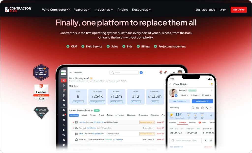 Contractor+ dashboard and mobile app showing CRM, estimates, invoices, payments, and client details for field service businesses.