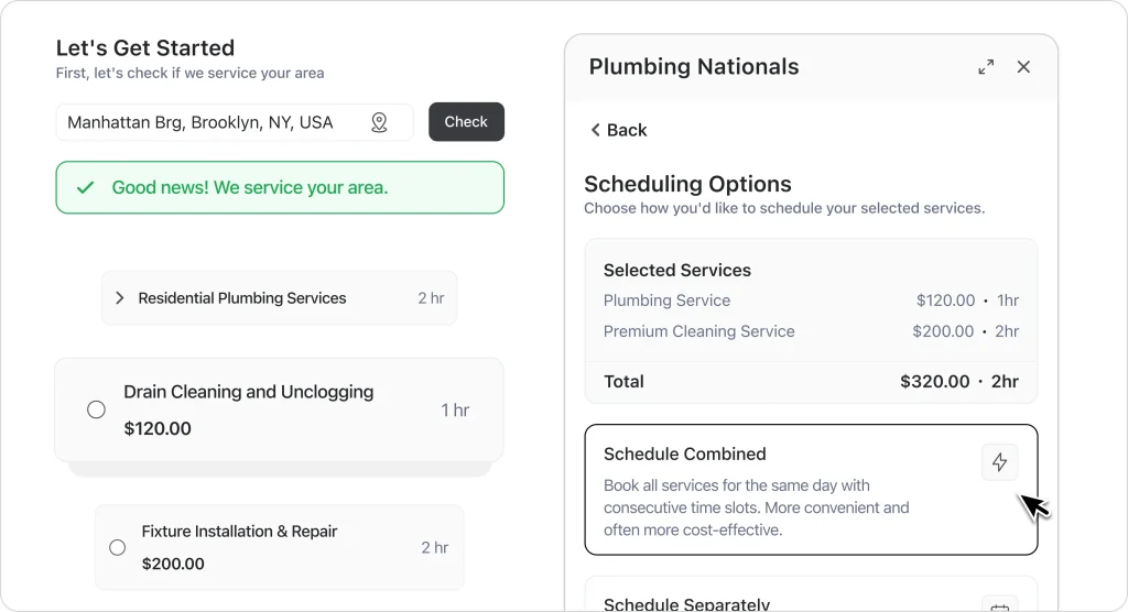 FieldCamp online booking interface showing service area check, plumbing services list, and scheduling options.