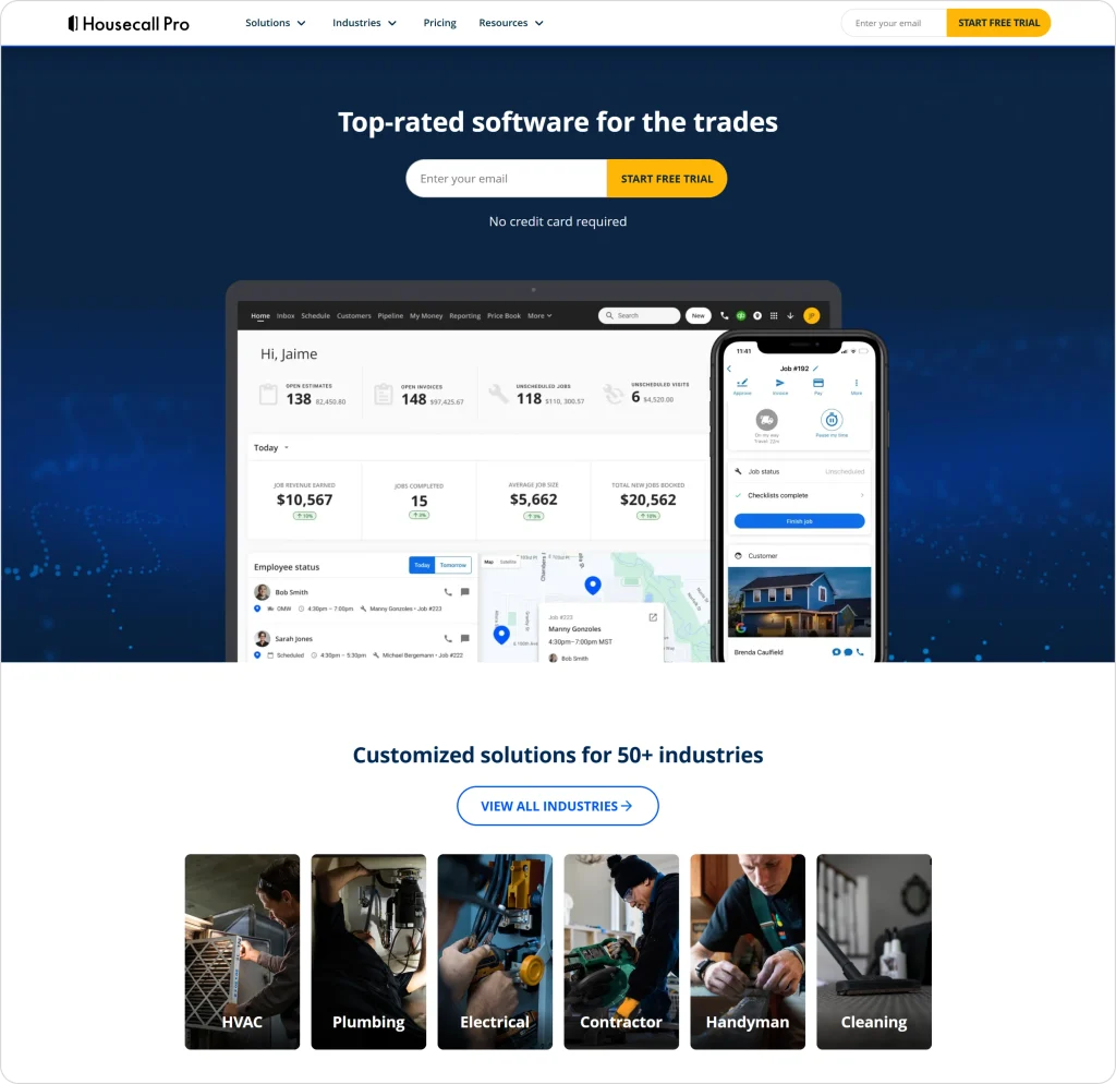 Housecall Pro homepage showing field service dashboard and mobile app with industry options like HVAC, plumbing, electrical, and cleaning.