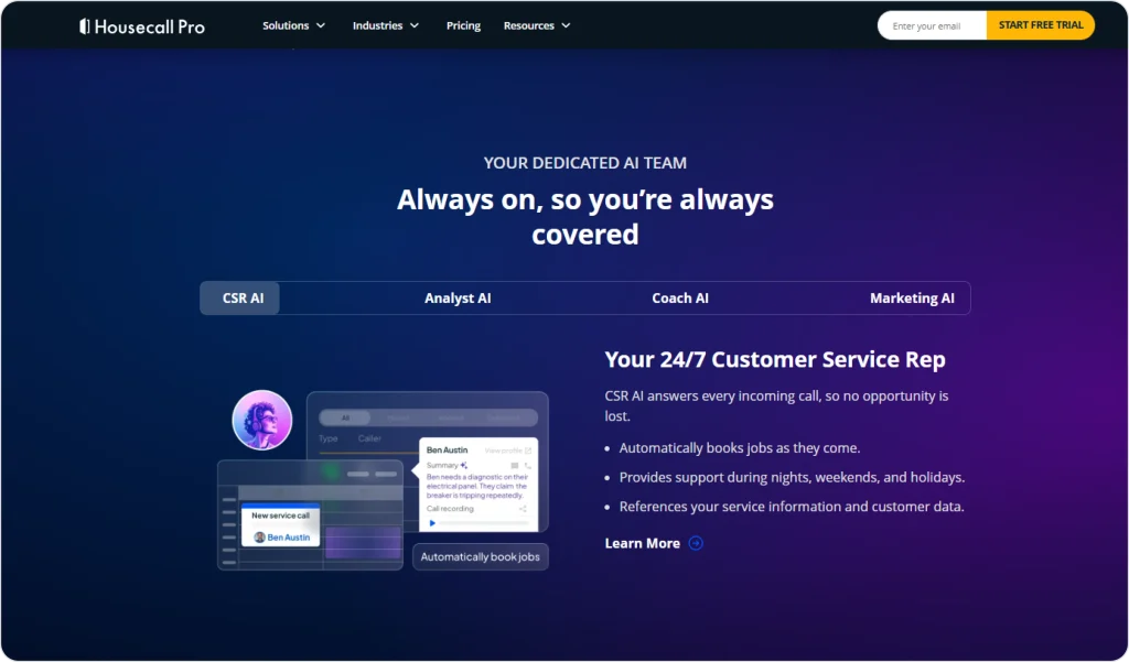 This screenshot displays Housecall Pro’s AI automation platform featuring CSR AI, Analyst AI, Coach AI, and Marketing AI. It highlights the 24/7 customer service capabilities, automatic job booking, and support for nights, weekends, and holidays.