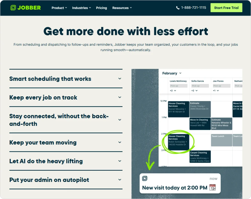 This screenshot displays Jobber’s field service scheduling calendar with technician assignments, job cards, date filters, and real-time visit notifications for cleaning and home service businesses.
