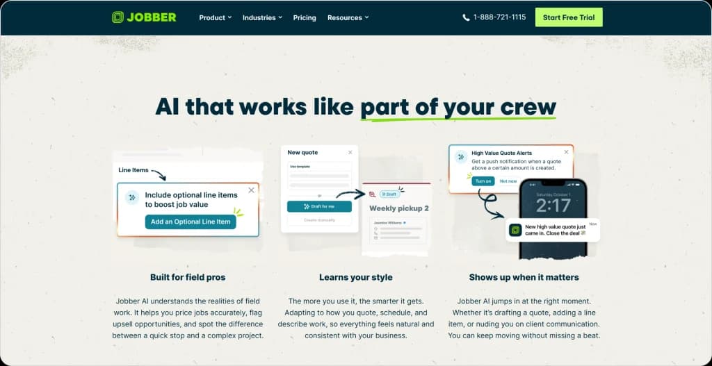 Jobber AI features illustration showing optional line items, draft quote automation, high-value quote alerts, and mobile notifications.