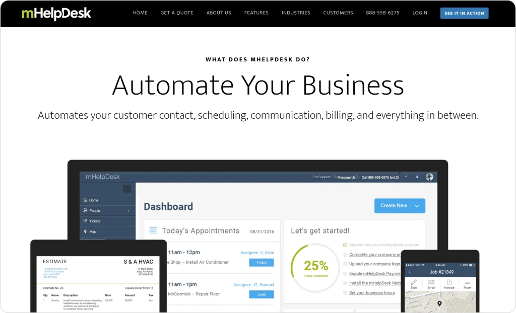 mHelpDesk dashboard shown on desktop, tablet, and mobile devices with tools for scheduling, estimates, appointments, and job management.