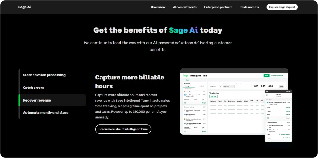 This screenshot displays Sage AI’s Intelligent Time platform, featuring an automated time tracking dashboard, activities list, billable hour calculations, and revenue recovery tools. The interface highlights how Sage helps businesses reduce invoicing errors, capture missed hours, and streamline month-end tasks using AI automation.