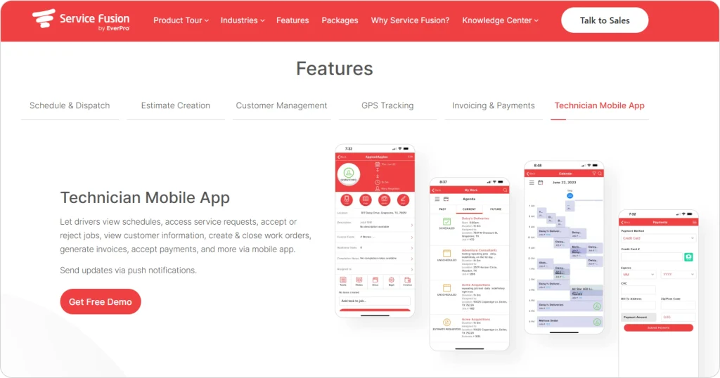 This screenshot highlights the Service Fusion Technician Mobile App, displaying multiple screens including job details, agenda view, daily calendar, payment processing, and work order tools. The app helps field technicians accept or reject jobs, view customer information, complete work orders, and process payments on the go.