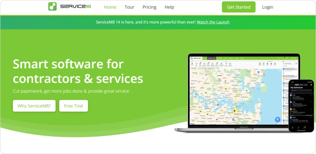 ServiceM8 homepage showing smart software for contractors with scheduling map on laptop and mobile app preview.