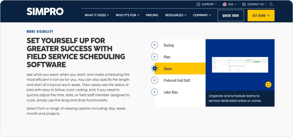 This image shows Simpro’s field service scheduling software with routing, maps, zones, preferred field staff, and labor rate options. The highlighted zones tab demonstrates how teams can organize jobs and assign technicians to specific service areas.