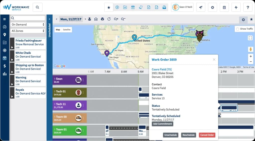 WorkWave field service dashboard showing assigned work orders, technician timelines, and service route mapping