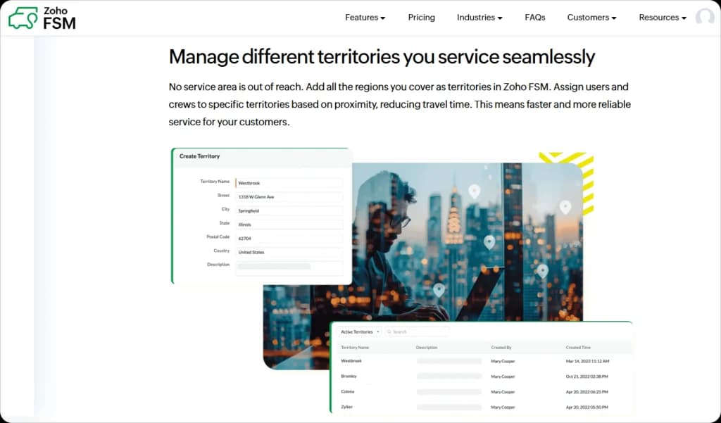 This image showcases Zoho FSM’s territory management features, including creating new service regions, assigning users to specific territories, and viewing active territory lists. It highlights how field service teams can reduce travel time and improve dispatch efficiency.