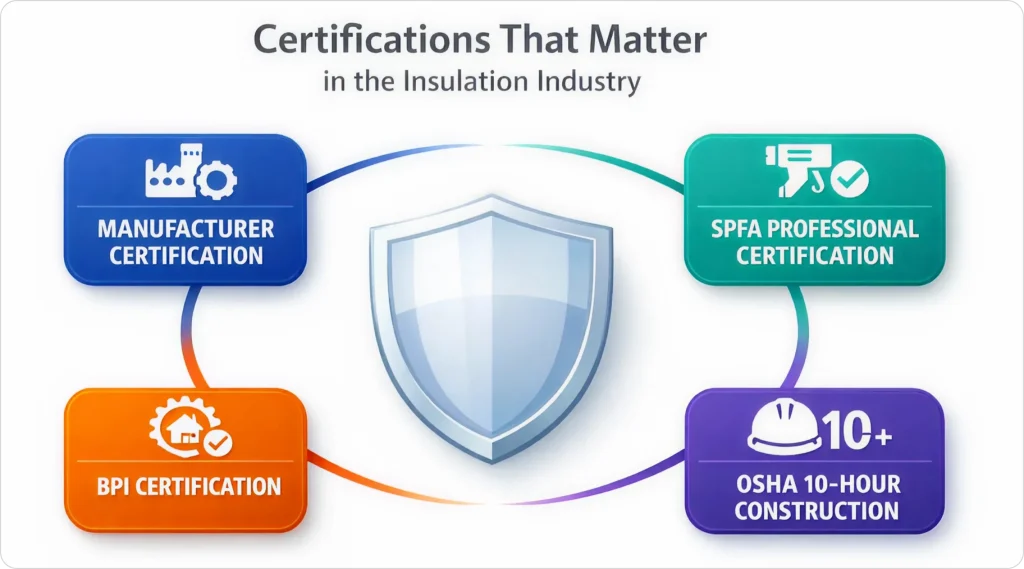 Visual diagram showing essential insulation contractor certifications such as manufacturer certification, SPFA professional certification, BPI certification, and OSHA 10-hour construction training connected around a central shield icon.