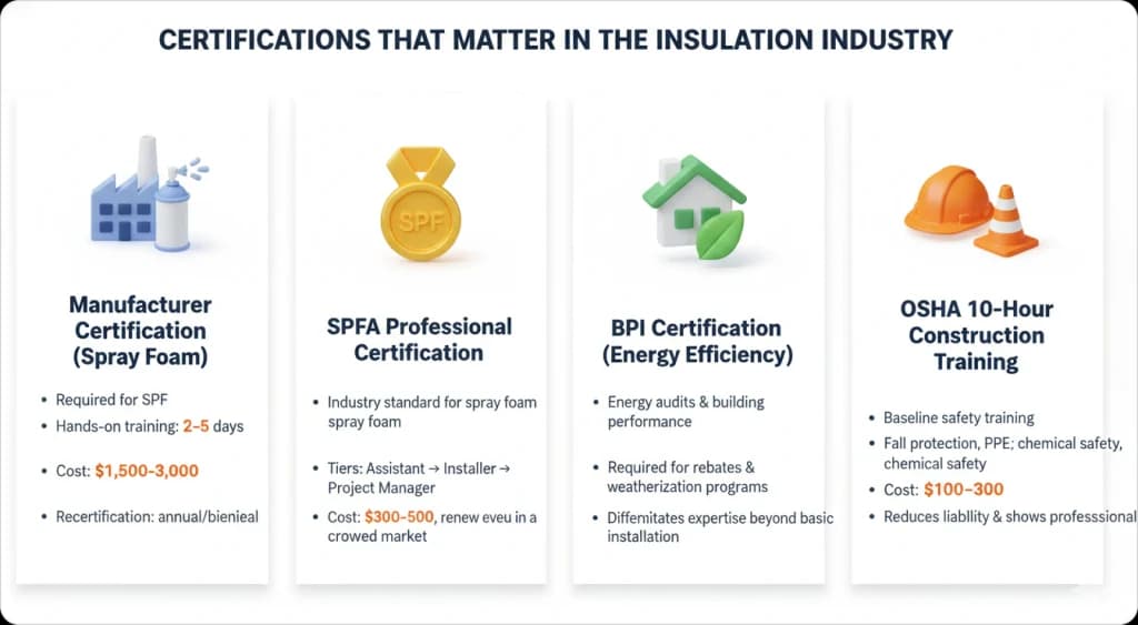 Diagram illustrating insurance requirements for insulation contractors, including general liability insurance, workers’ compensation insurance, commercial auto insurance, and equipment or inland marine insurance.