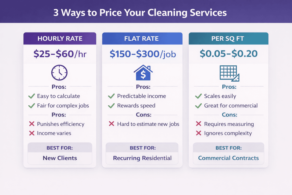 Three cleaning service pricing models comparison: Hourly Rate ($25-$60 per hour) best for new clients with pros of easy calculation and fair for complex jobs but cons of punishing efficiency; Flat Rate ($150-$300 per job) best for recurring residential with predictable income but hard to estimate new jobs; Per Square Foot ($0.05-$0.20) best for commercial contracts that scales easily but requires measuring