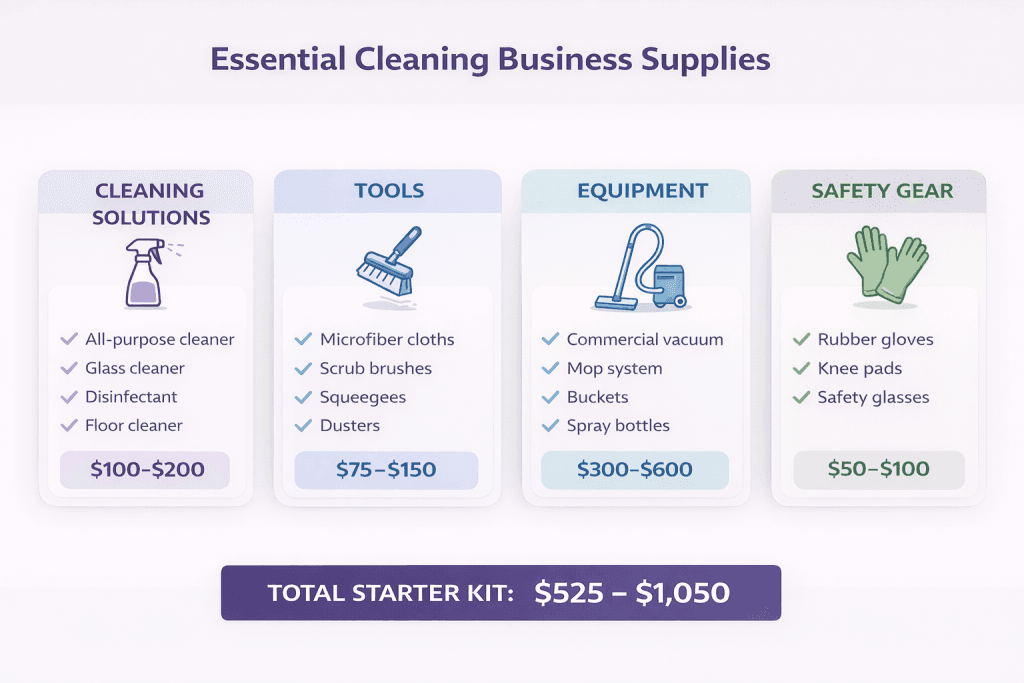 Essential cleaning business supplies infographic with 4 categories: Cleaning Solutions ($100-$200) including all-purpose cleaner, glass cleaner, disinfectant, and floor cleaner; Tools ($75-$150) including microfiber cloths, scrub brushes, squeegees, and dusters; Equipment ($300-$600) including commercial vacuum, mop system, buckets, and spray bottles; Safety Gear ($50-$100) including rubber gloves, knee pads, and safety glasses. Total starter kit cost $525-$1,050