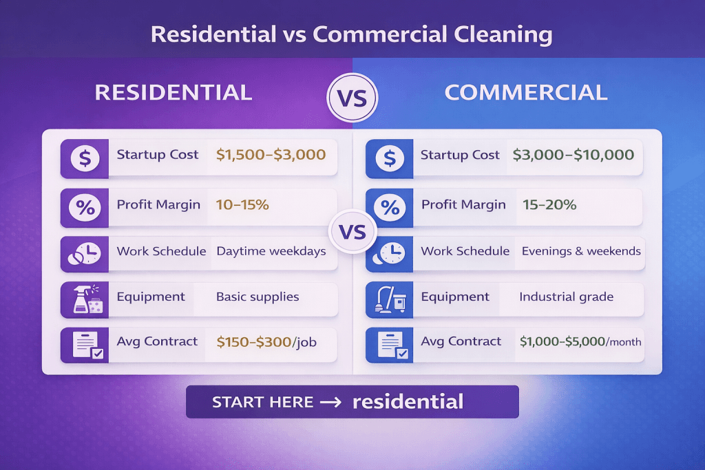 Residential vs commercial cleaning comparison chart showing differences in startup cost ($1,500-$3,000 vs $3,000-$10,000), profit margin (10-15% vs 15-20%), work schedule (daytime weekdays vs evenings and weekends), equipment needs (basic vs industrial), and average contract value ($150-$300 per job vs $1,000-$5,000 per month)