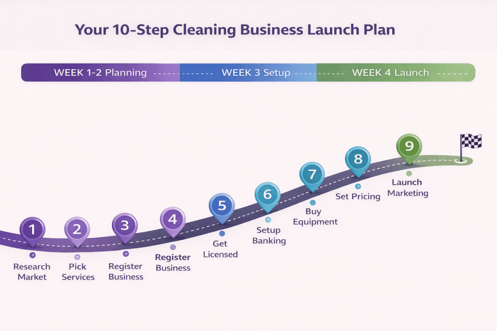 10-step cleaning business launch plan timeline showing Week 1-2 Planning phase (research market, pick services, register business, register business, get licensed), Week 3 Setup phase (setup banking, buy equipment, set pricing), and Week 4 Launch phase (launch marketing, land first client) with checkered finish flag