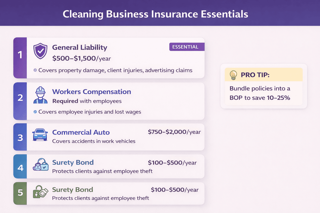Cleaning business insurance guide showing 4 essential coverage types: General Liability ($500-$1,500 per year) marked as essential, Workers Compensation (required with employees), Commercial Auto ($750-$2,000 per year), and Surety Bond ($100-$500 per year), with pro tip to bundle policies into a BOP to save 10-25%