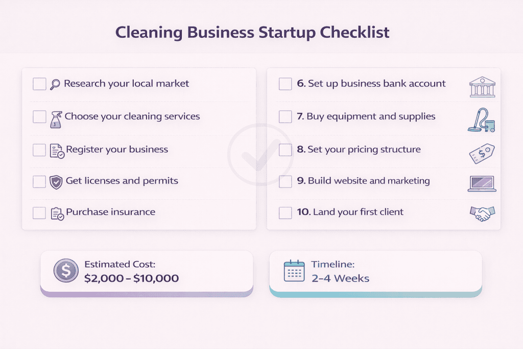 Cleaning business startup checklist with 10 steps: Research your local market, Choose your cleaning services, Register your business, Get licenses and permits, Purchase insurance, Set up business bank account, Buy equipment and supplies, Set your pricing structure, Build website and marketing, Land your first client. Estimated cost $2,000-$10,000, timeline 2-4 weeks