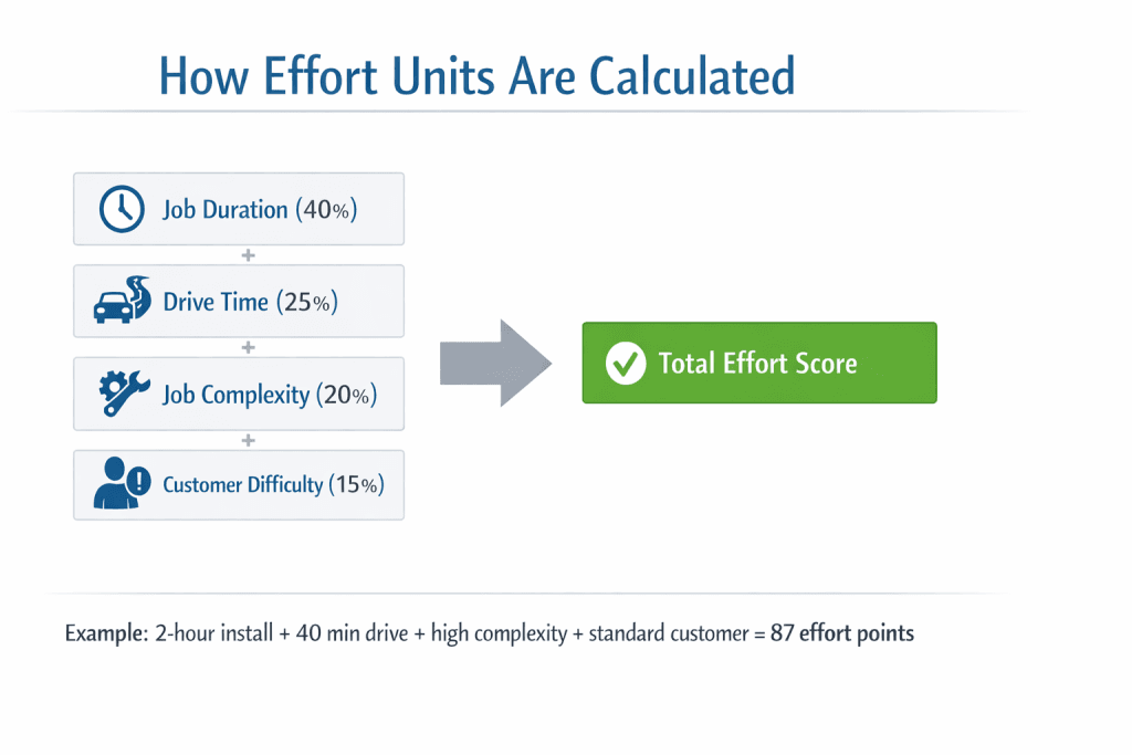 Infographic showing how effort units are calculated in field service dispatching using job duration, drive time, job complexity, and customer difficulty to produce a total effort score.