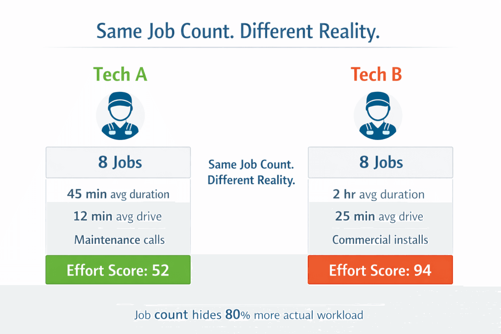 Side-by-side comparison infographic showing two technicians with the same job count but different effort scores based on job duration, drive time, and job type.