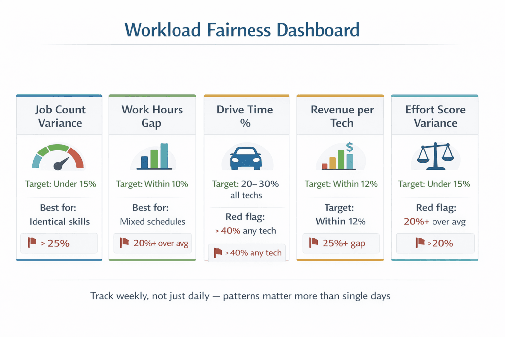 Infographic illustrating five fairness strategies in field service dispatching: Round-Robin, Capacity-Based, Skill-Weighted, Revenue-Balanced, and Hybrid workload distribution models.