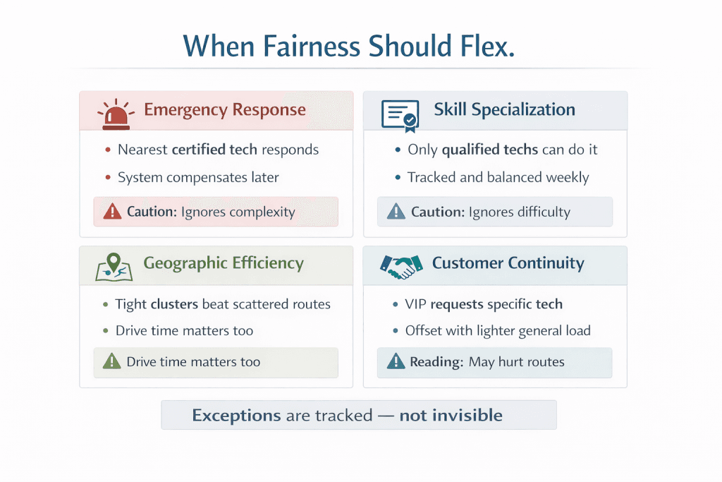 Infographic explaining when workload fairness should flex in field service operations, including emergency response, skill specialization, geographic efficiency, and customer continuity scenarios.