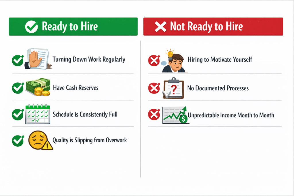 Two-column comparison showing signs you're ready to hire (turning down work, have cash reserves, schedule is full, quality slipping) versus signs you're not ready (hiring to motivate yourself, no documented processes, unpredictable income)