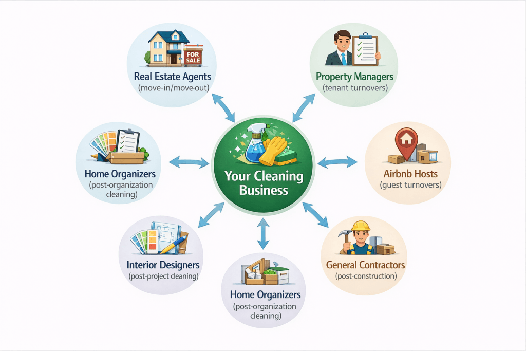 Hub-and-spoke infographic showing your cleaning business at the center with strategic partners feeding leads: real estate agents, property managers, Airbnb hosts, interior designers, home organizers, and general contractors