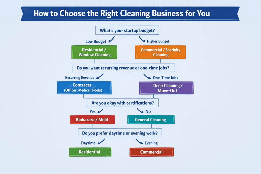 Flowchart showing how to choose the right cleaning business based on budget, revenue preference, certification willingness, and work schedule. Low budget leads to residential or window cleaning, higher budget to commercial or specialty services. Recurring revenue preference points to contracts like offices and pools, while one-time job preference leads to deep cleaning or move-out services.