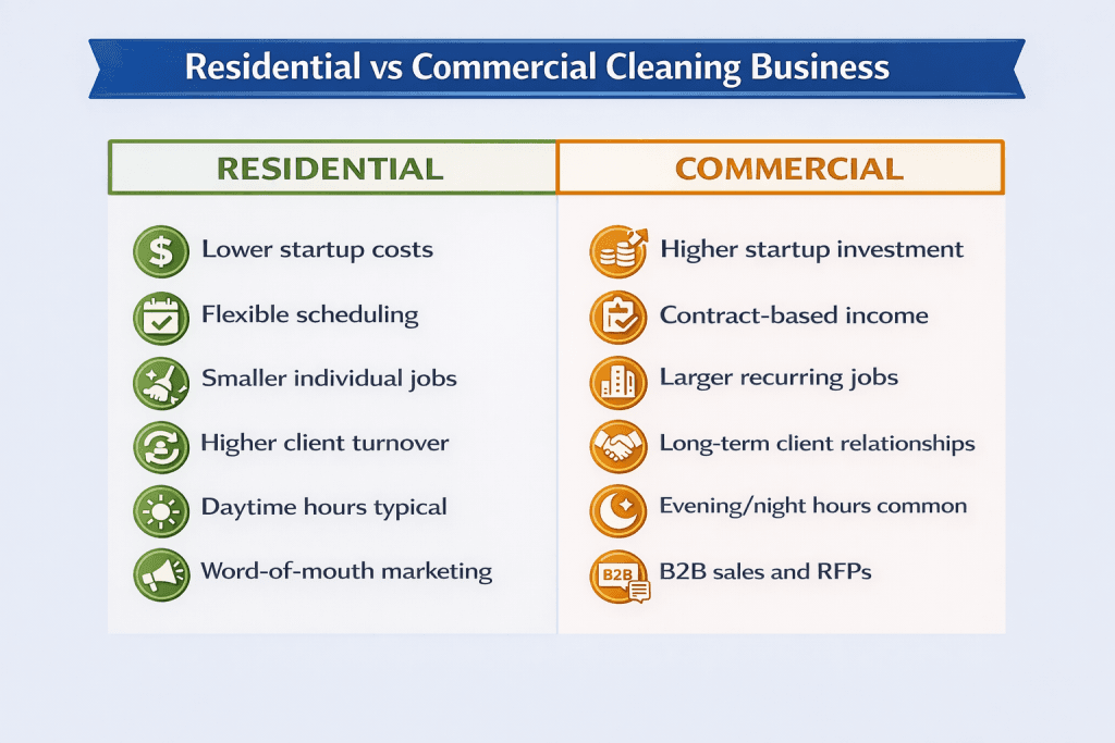 Side-by-side comparison of residential versus commercial cleaning businesses. Residential features lower startup costs, flexible scheduling, smaller individual jobs, higher client turnover, daytime hours, and word-of-mouth marketing. Commercial features higher startup investment, contract-based income, larger recurring jobs, long-term client relationships, evening hours, and B2B sales.