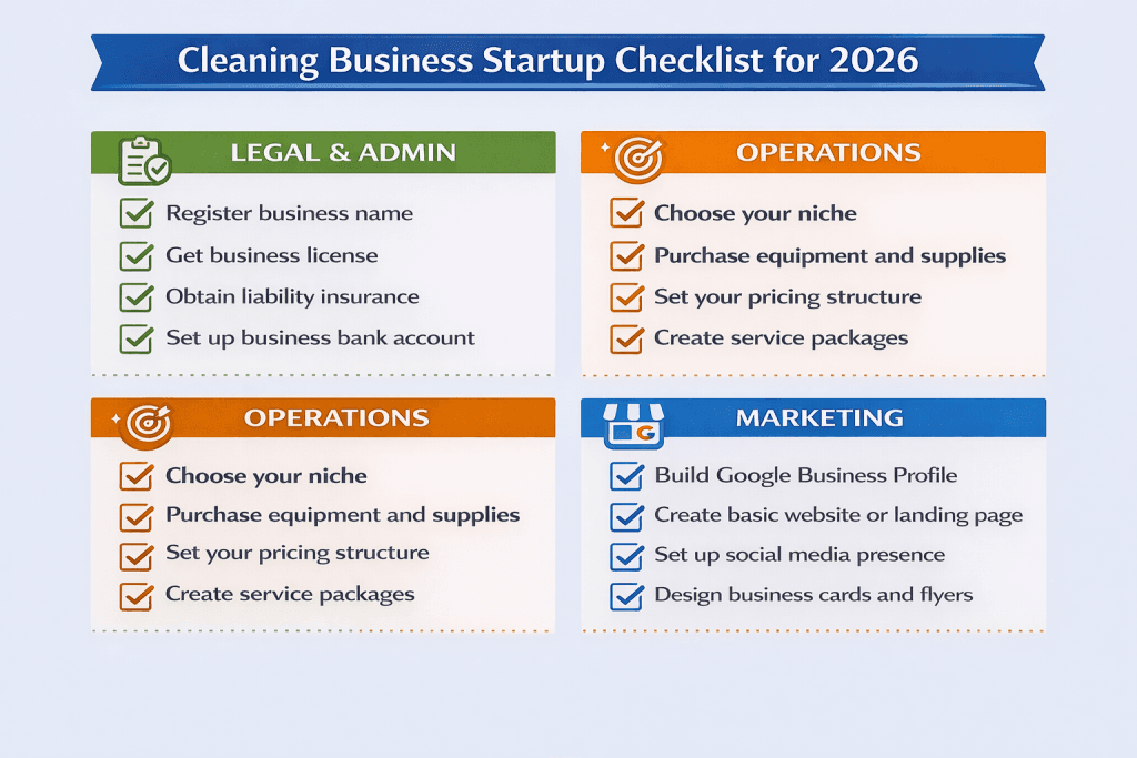 Cleaning business startup checklist with four sections: Legal & Admin (register business, get license, obtain insurance, set up bank account), Operations (choose niche, purchase equipment, set pricing, create packages), Marketing (Google Business Profile, website, social media, business cards), First Clients (tell friends/family, join local groups, partner with businesses, ask for reviews). Four-quadrant layout with checkboxes.