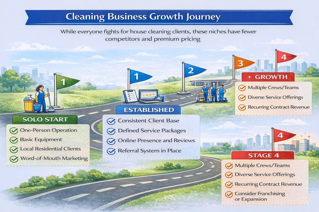Roadmap showing four stages of cleaning business growth. Stage one Solo Start features one-person operation, basic equipment, local residential clients, and word-of-mouth marketing. Stage two Established features consistent client base, defined service packages, online presence, and referral system. Stage three Scaling features hiring employees, adding commercial contracts, and systemizing operations. Stage four Growth features multiple crews, diverse services, recurring contract revenue, and franchising consideration.
