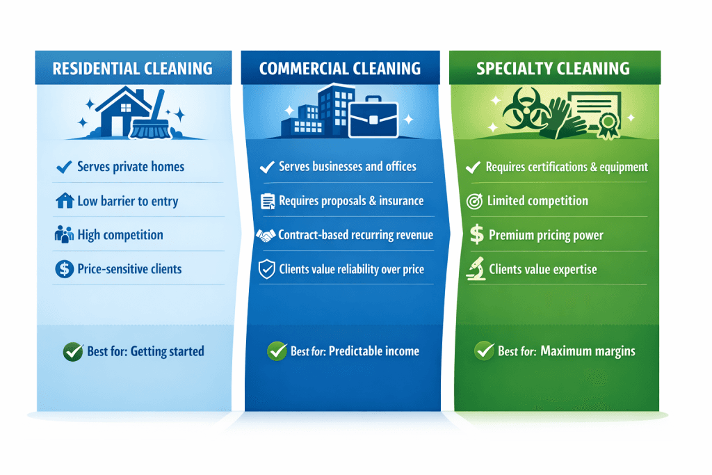Comparison infographic showing three types of cleaning services: Residential cleaning (serves private homes, low barrier to entry, high competition, price-sensitive clients, best for getting started), Commercial cleaning (serves businesses and offices, requires proposals and insurance, contract-based recurring revenue, clients value reliability over price, best for predictable income), and Specialty cleaning (requires certifications and equipment, limited competition, premium pricing power, clients value expertise, best for maximum margins).