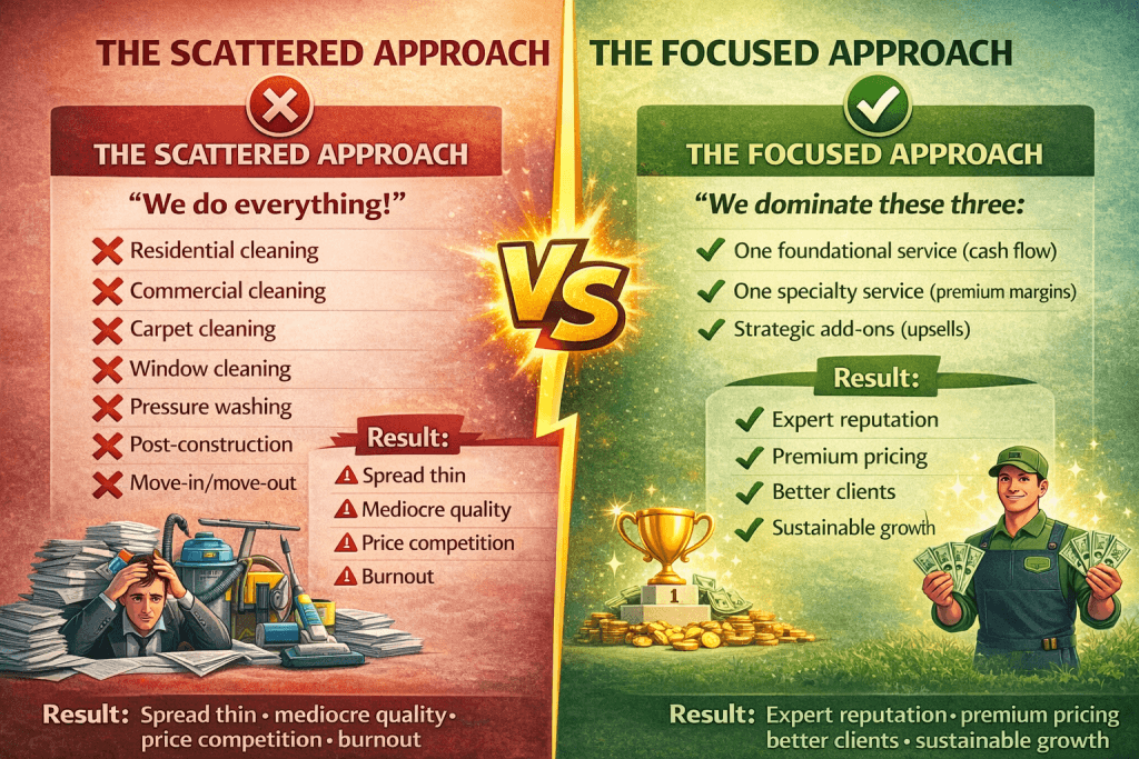 Side-by-side comparison of two cleaning business approaches. The Scattered Approach shows a stressed owner offering everything (residential, commercial, carpet, window, pressure washing, post-construction, move-in/move-out) resulting in being spread thin, mediocre quality, price competition, and burnout. The Focused Approach shows a successful owner dominating three services (one foundational for cash flow, one specialty for premium margins, strategic add-ons for upsells) resulting in expert reputation, premium pricing, better clients, and sustainable growth.
