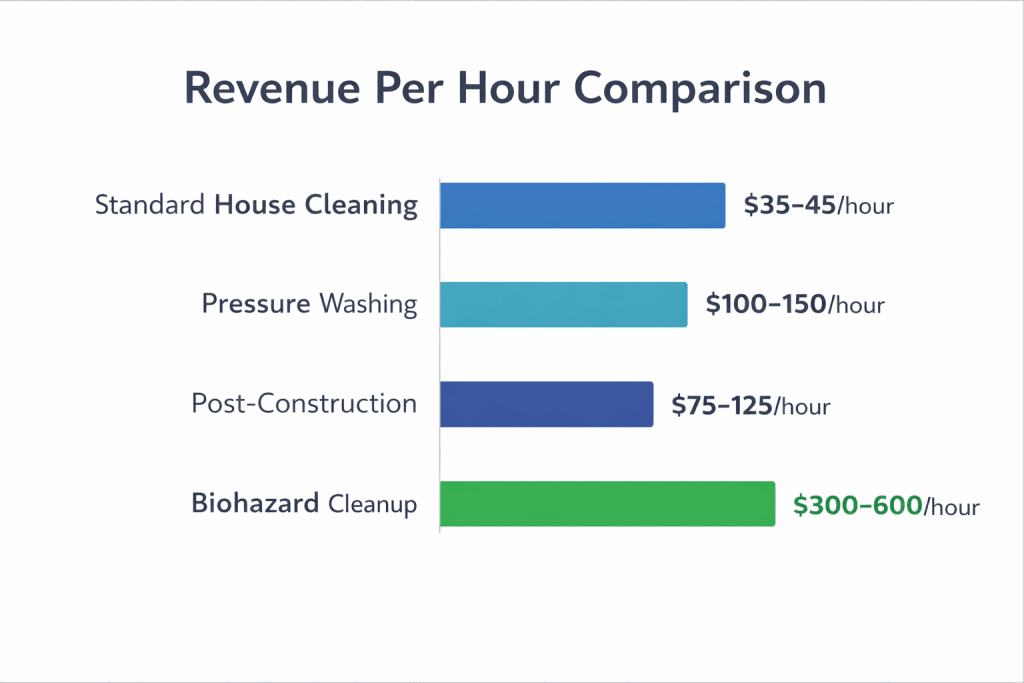 Horizontal bar chart comparing revenue per hour across cleaning services: Standard house cleaning earns $35-45 per hour, pressure washing earns $100-150 per hour, post-construction earns $75-125 per hour, and biohazard cleanup earns $300-600 per hour.