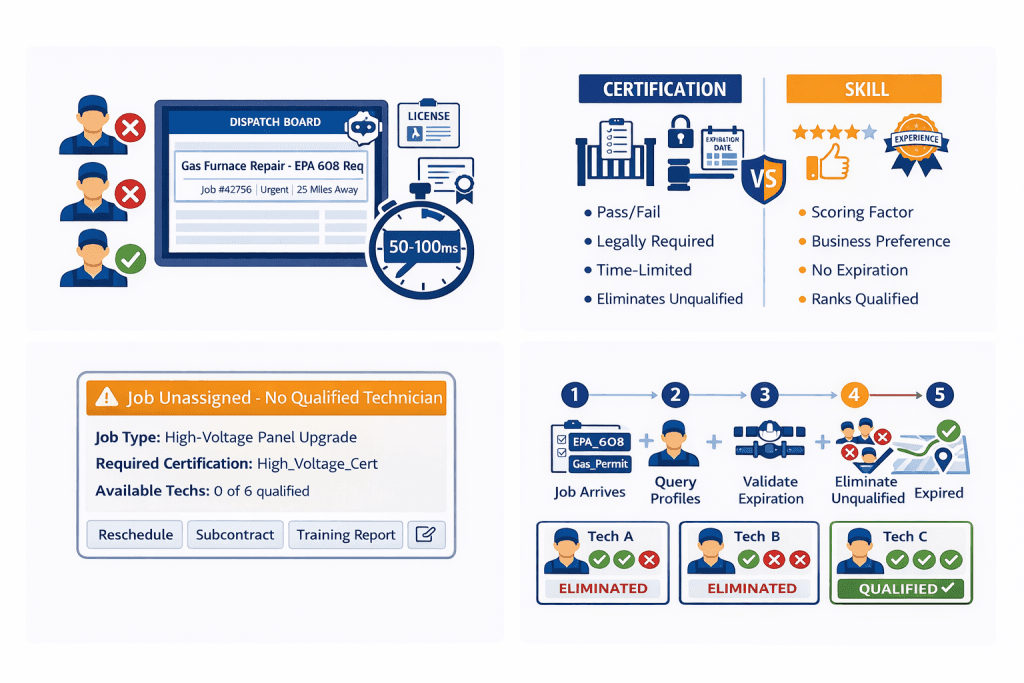 Multi-certification AND logic showing how technicians need all required certifications to qualify for medical facility jobs