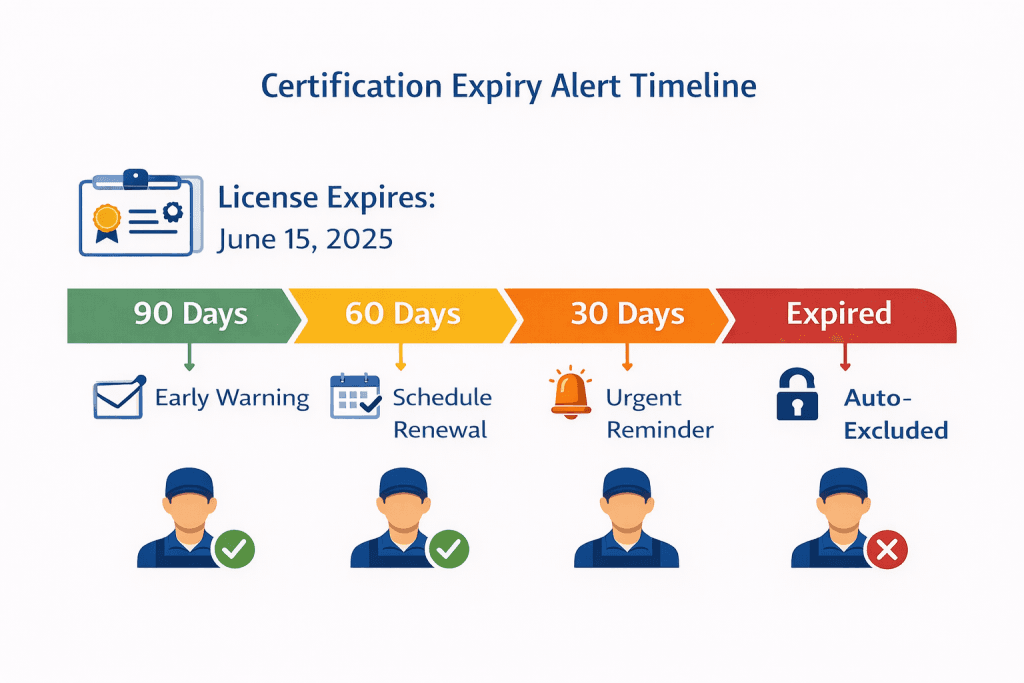 Certification expiry tracking timeline showing 90, 60, 30 day alerts and automatic technician exclusion