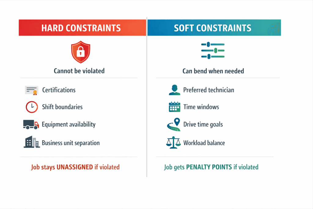 Infographic comparing hard constraints vs soft constraints in AI scheduling